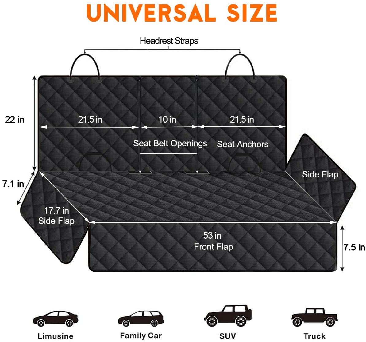 Dog Car Seat Cover, Back Seat Cover for Dogs Pet Car Seat Protector | Waterproof Rear Seat Cover Durable Car Seat Cover, Fits Middle Armrest for Most Cars Suvs Trucks (53” Width)- Black