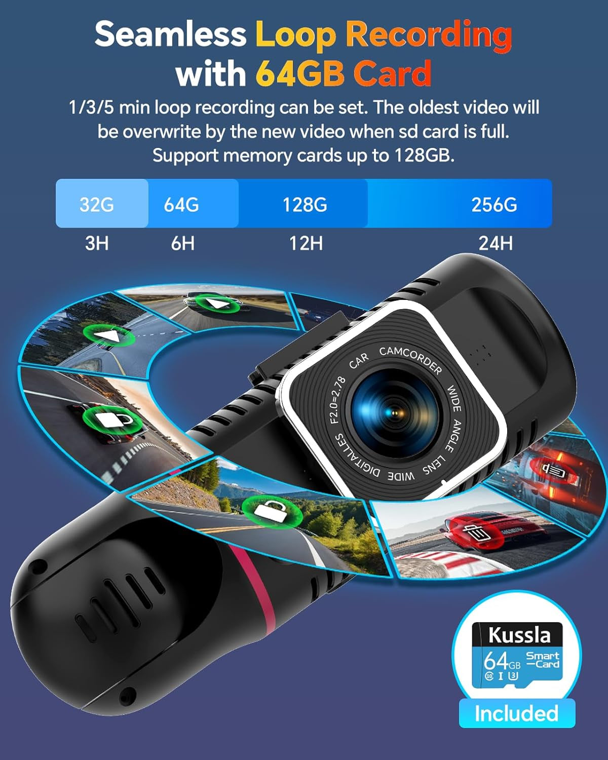 Dash Cam Front and Rear inside 3 Channel Dashcam 1080P with 64GB Card | Adjustable Lens 3 Ways Triple Camera for Cars with Night Vision, G-Sensor, Loop Recording, Parking Monitor