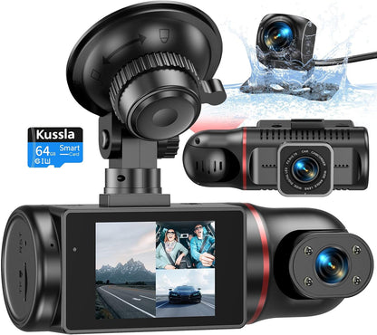 Dash Cam Front and Rear inside 3 Channel Dashcam 1080P with 64GB Card | Adjustable Lens 3 Ways Triple Camera for Cars with Night Vision, G-Sensor, Loop Recording, Parking Monitor