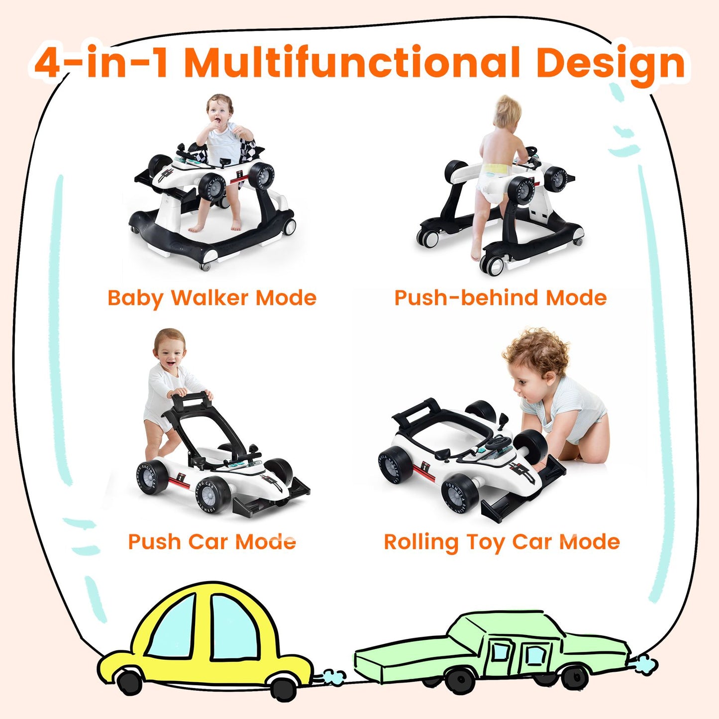 4-In-1 Baby Push Walker with Adjustable Height and Speed