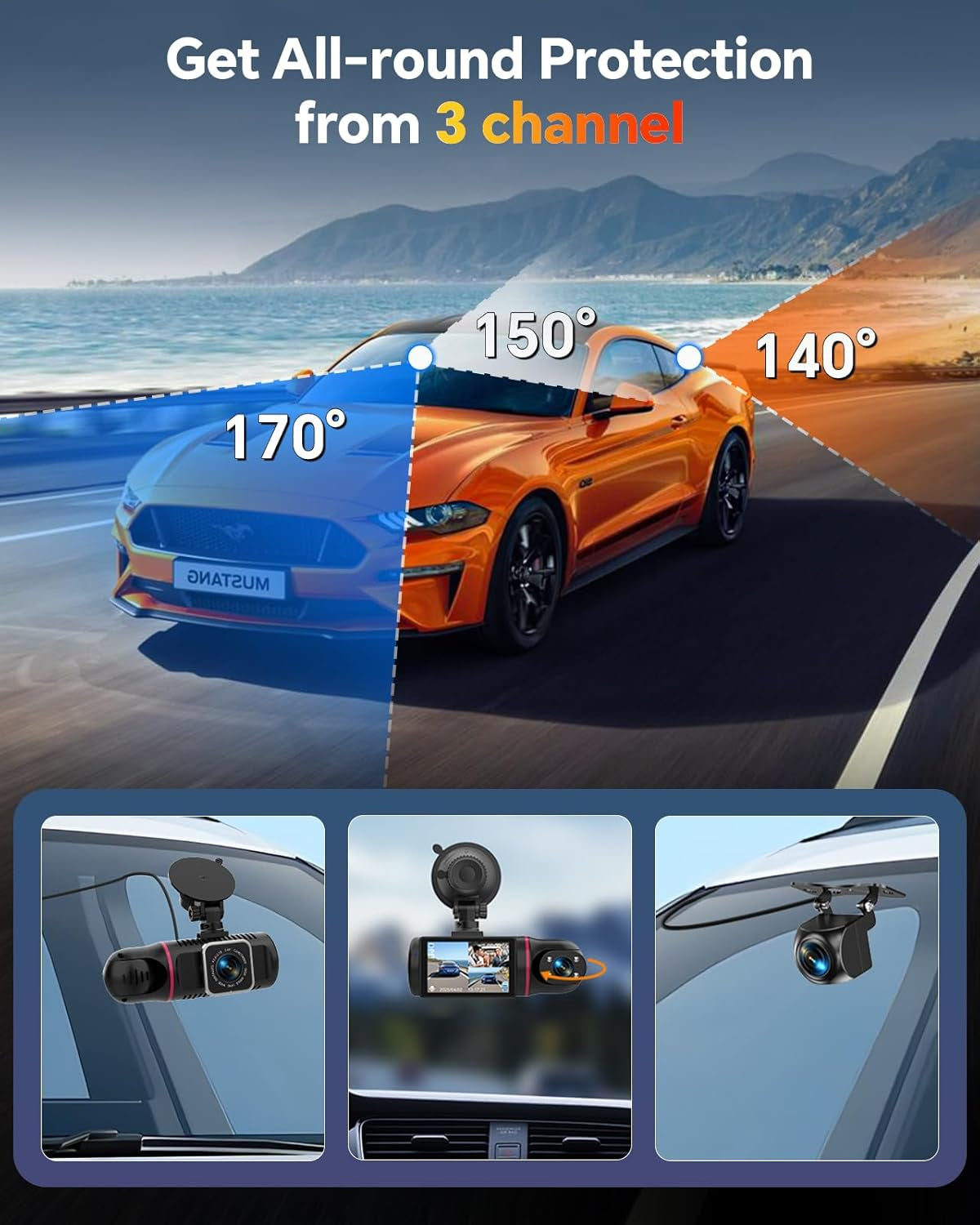 Dash Cam Front and Rear inside 3 Channel Dashcam 1080P with 64GB Card | Adjustable Lens 3 Ways Triple Camera for Cars with Night Vision, G-Sensor, Loop Recording, Parking Monitor