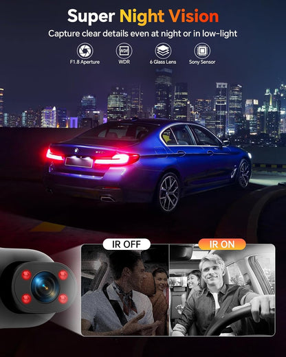 Dash Cam Front and Rear inside 3 Channel Dashcam 1080P with 64GB Card | Adjustable Lens 3 Ways Triple Camera for Cars with Night Vision, G-Sensor, Loop Recording, Parking Monitor