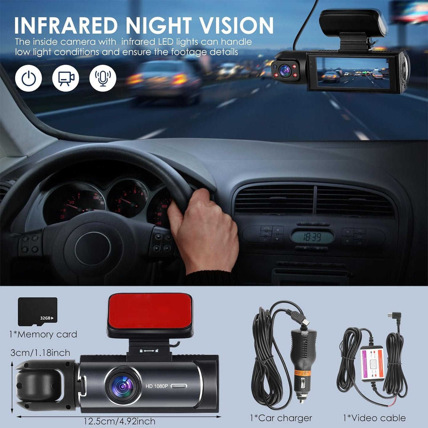 Dash Cam Front and inside Car Camera, 1080P Full HD Dash Camera for Cars, Dash Camera with 32GB Card Adjustable, Super Night Vision, 150° Wide Angle, Parking Monitor