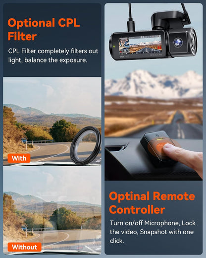 N4 Pro 4K 3 Channel Dash Cam 5G Wifi GPS, STARVIS 2, 4K+1080P+1080P Front and Rear inside Triple Car Camera 3CH HDR, Night Vision, Voice Control, 24/7 Buffered Parking Mode, Support 512GB