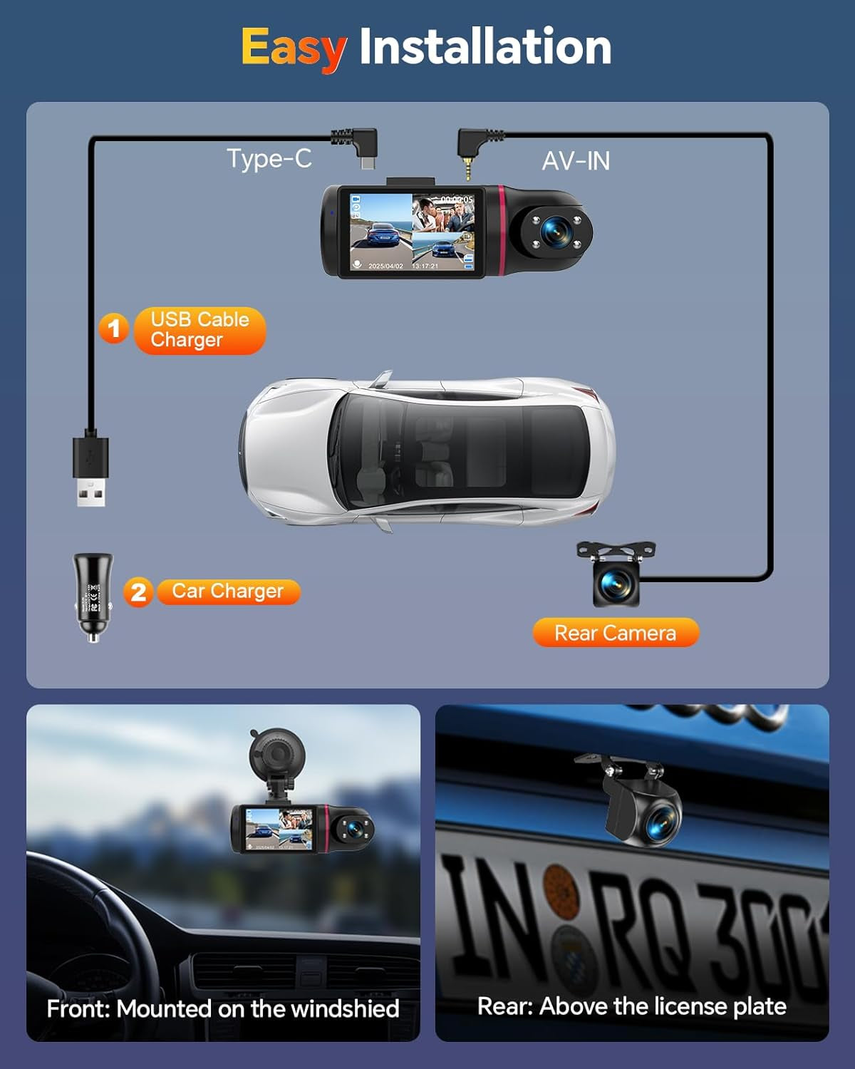 Dash Cam Front and Rear inside 3 Channel Dashcam 1080P with 64GB Card | Adjustable Lens 3 Ways Triple Camera for Cars with Night Vision, G-Sensor, Loop Recording, Parking Monitor