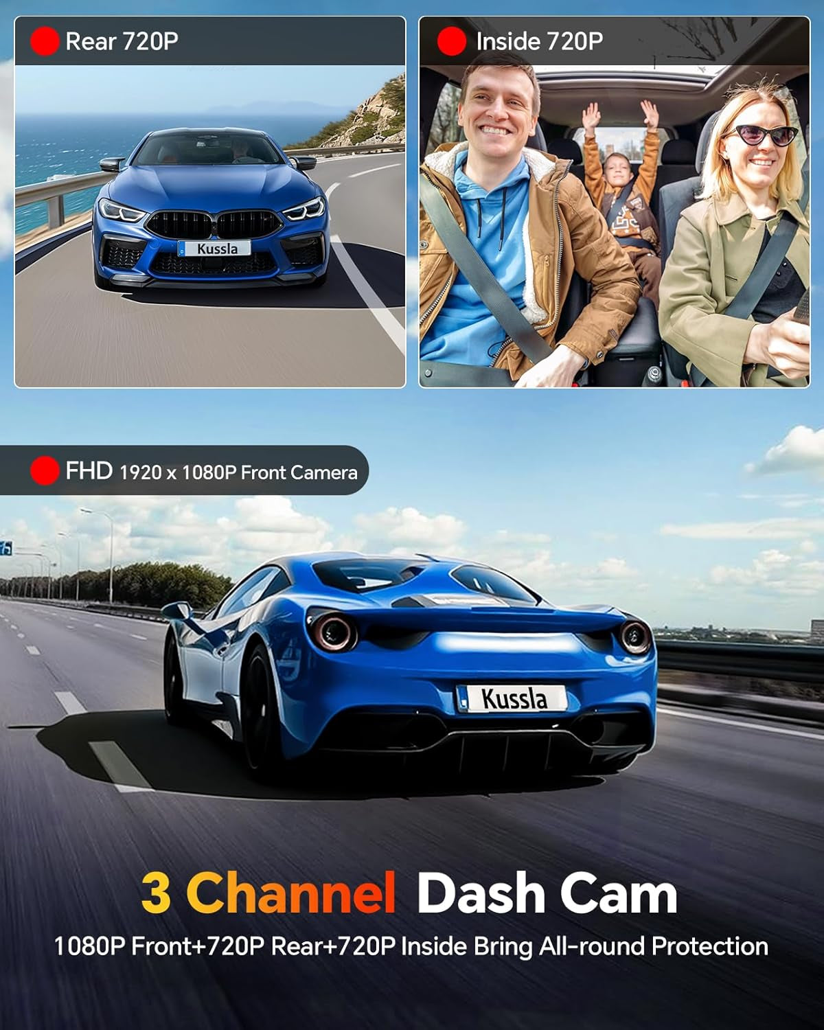 Dash Cam Front and Rear inside 3 Channel Dashcam 1080P with 64GB Card | Adjustable Lens 3 Ways Triple Camera for Cars with Night Vision, G-Sensor, Loop Recording, Parking Monitor