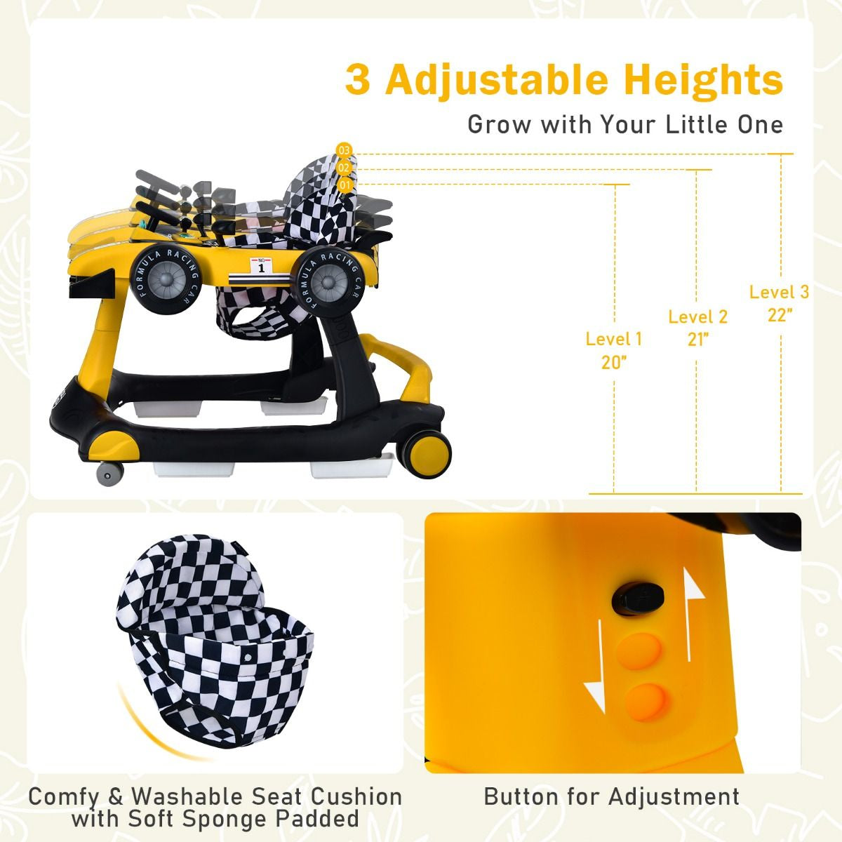 4-In-1 Baby Push Walker with Adjustable Height and Speed