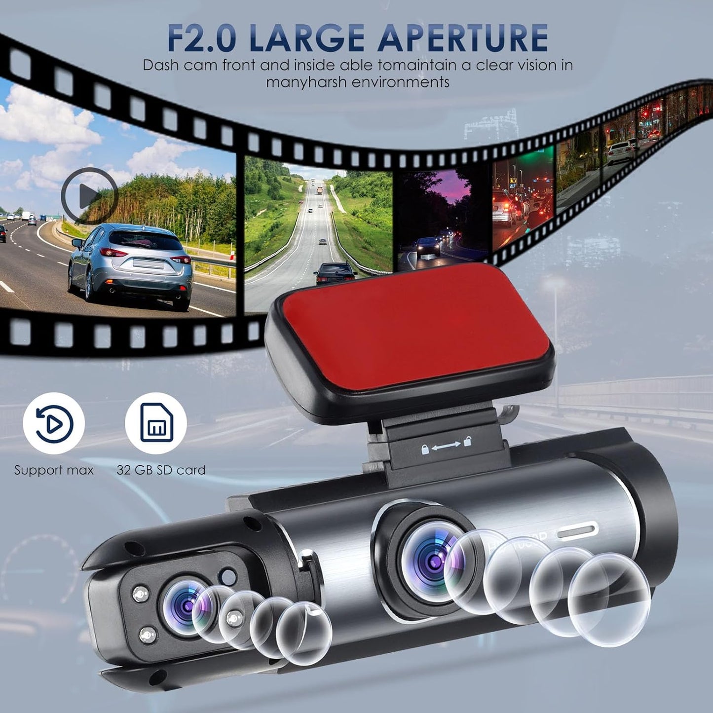 Dash Cam Front and inside Car Camera, 1080P Full HD Dash Camera for Cars, Dash Camera with 32GB Card Adjustable, Super Night Vision, 150° Wide Angle, Parking Monitor