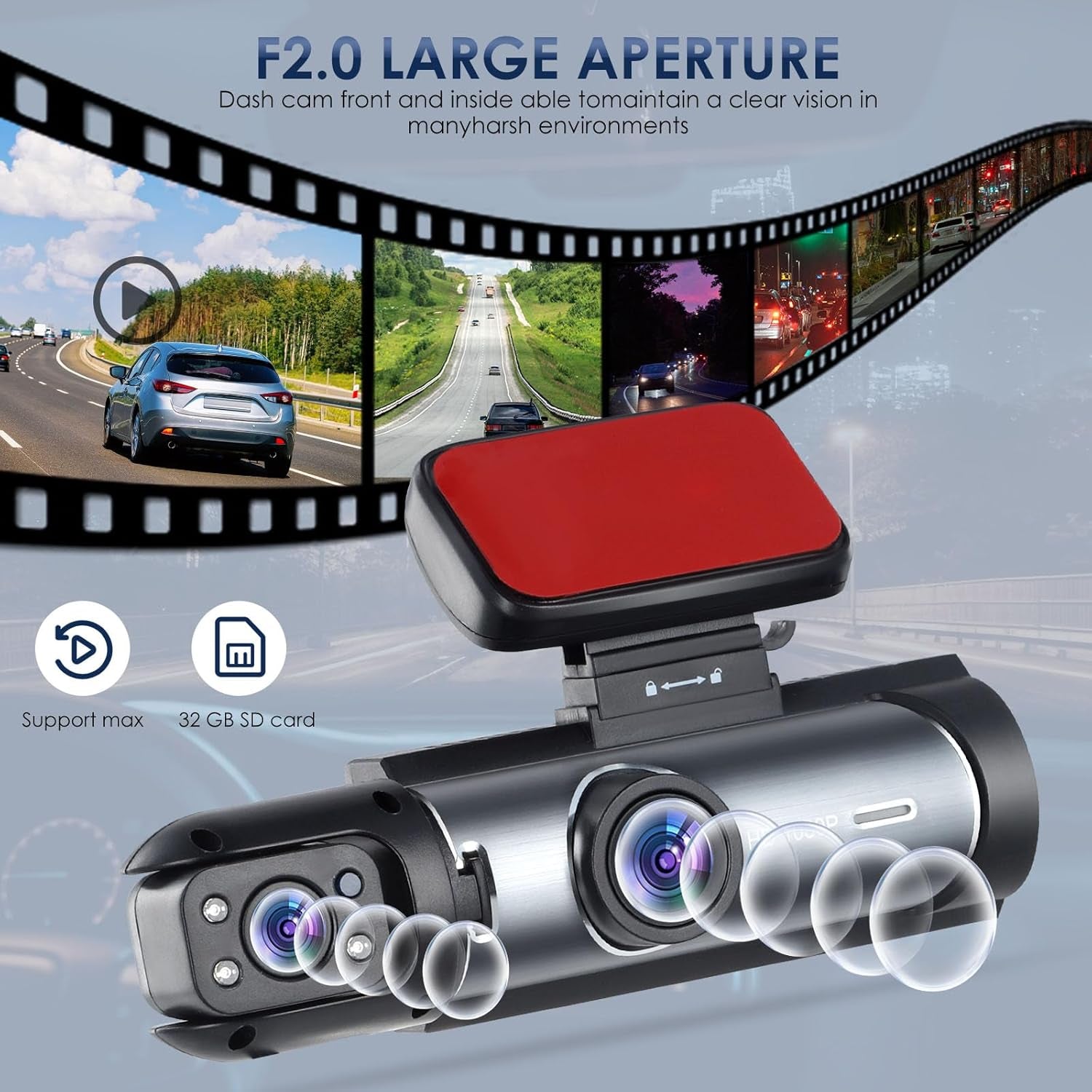 Dash Cam Front and inside Car Camera, 1080P Full HD Dash Camera for Cars, Dash Camera with 32GB Card Adjustable, Super Night Vision, 150° Wide Angle, Parking Monitor